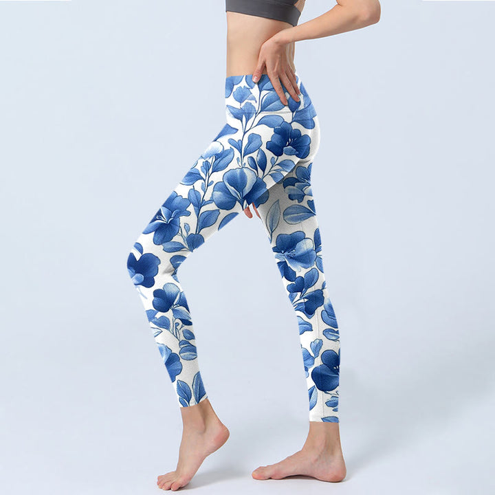 Buddha Stones Niebieskie Kwiaty Nadruk Legginsy Fitness Damskie Spodnie Do Jogi - image 3