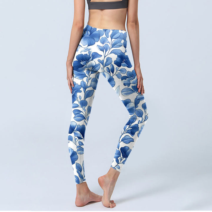 Buddha Stones Niebieskie Kwiaty Nadruk Legginsy Fitness Damskie Spodnie Do Jogi - image 5