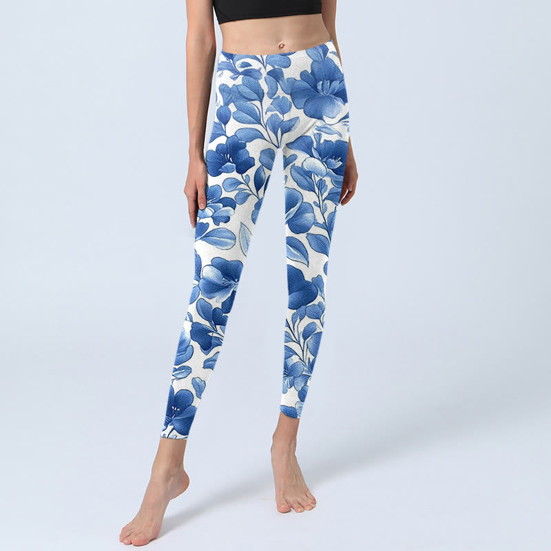 Buddha Stones Niebieskie Kwiaty Nadruk Legginsy Fitness Damskie Spodnie Do Jogi - image 6