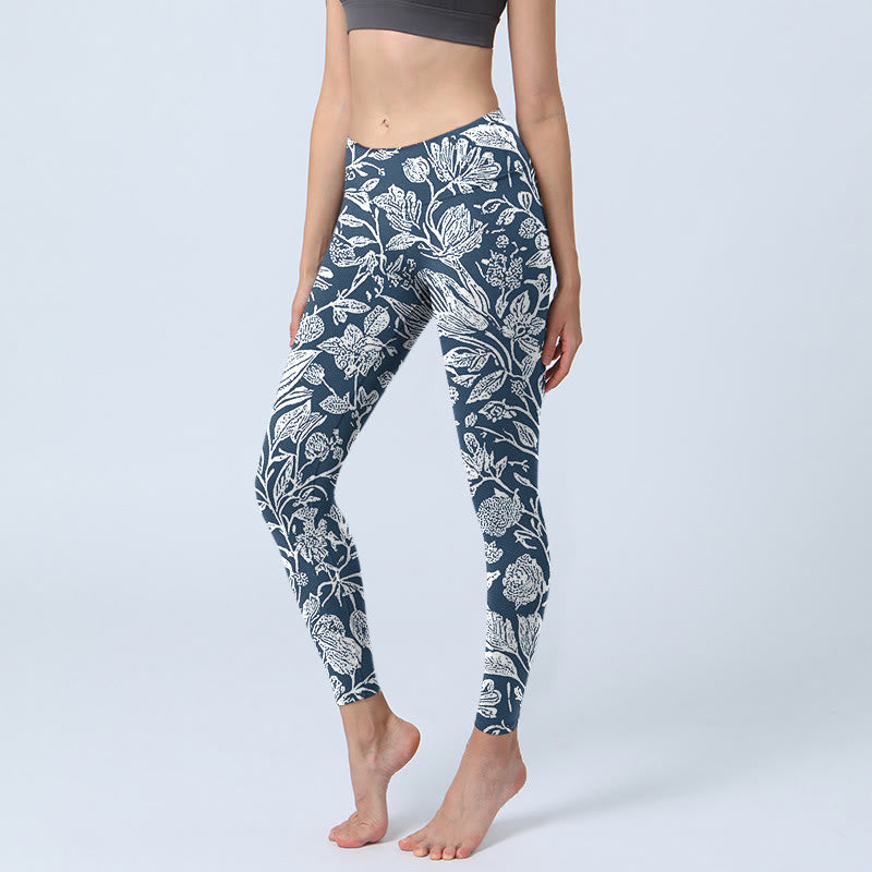 Leginsy fitness z nadrukiem kwiatów w kolorze ciemnoniebieskim z Buddha Stones, damskie spodnie do jogi - Stalowoniebieski - US18, UK/AU22, EU50 (4XL) - image 1