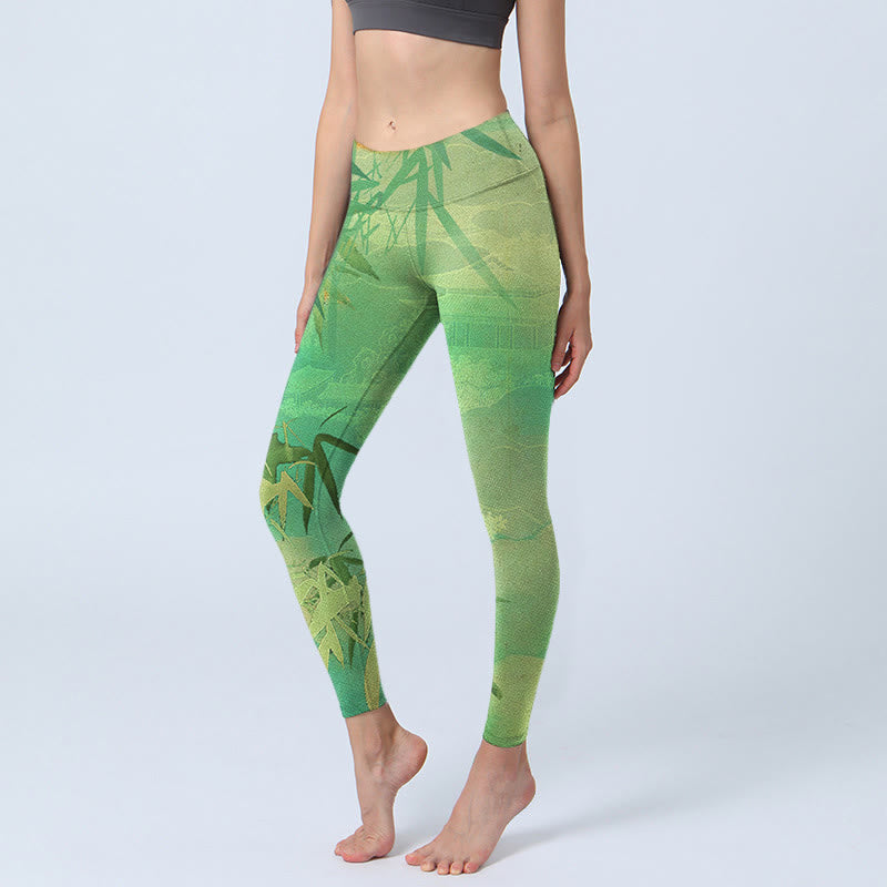 Leginsy do jogi damskie z nadrukiem pawilonu bambusowego Buddha Stones Green Bamboo - PaleGreen - US18, UK/AU22, EU50 (4XL) - image 1