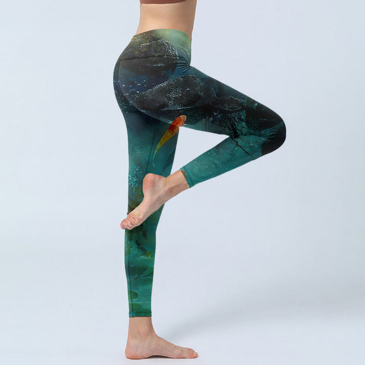 Buddha Stones Staw Koi Ryby Skały Drukuj Sportowe Legginsy Damskie Spodnie Do Jogi - image 3