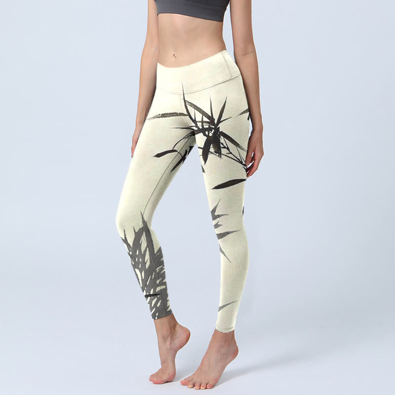 Buddha Stones Malowanie tuszem Liście bambusa Nadruk Sportowe legginsy Damskie spodnie do jogi - Jedwab kukurydziany - US18, UK/AU22, EU50 (4XL) - image 1