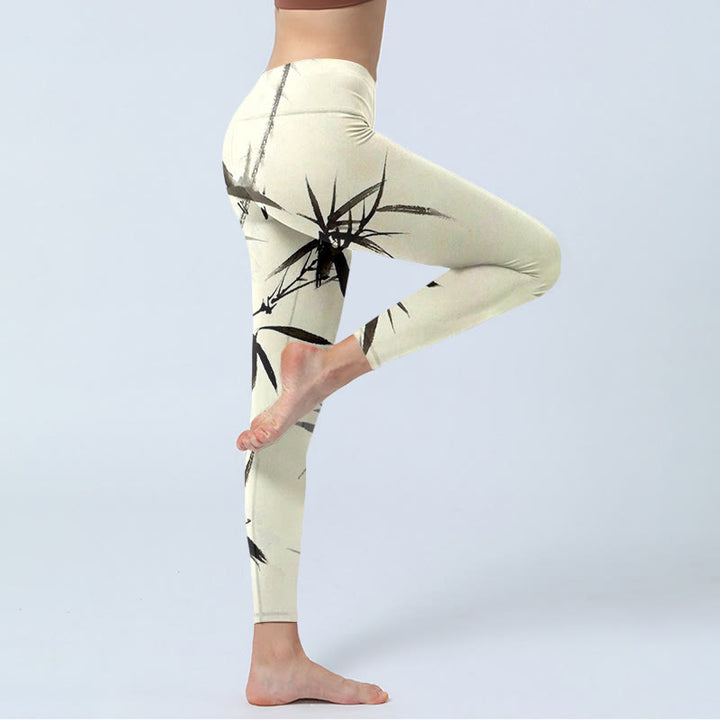 Buddha Stones Malowanie tuszem Liście bambusa Nadruk Sportowe legginsy Damskie spodnie do jogi - image 3