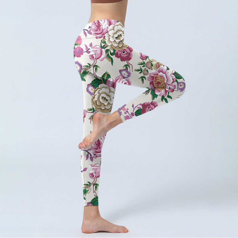 Buddha Stones Czerwone Białe Peonie Kwiatowe Nadruk Sportowe Legginsy Damskie Spodnie Do Jogi - image 4