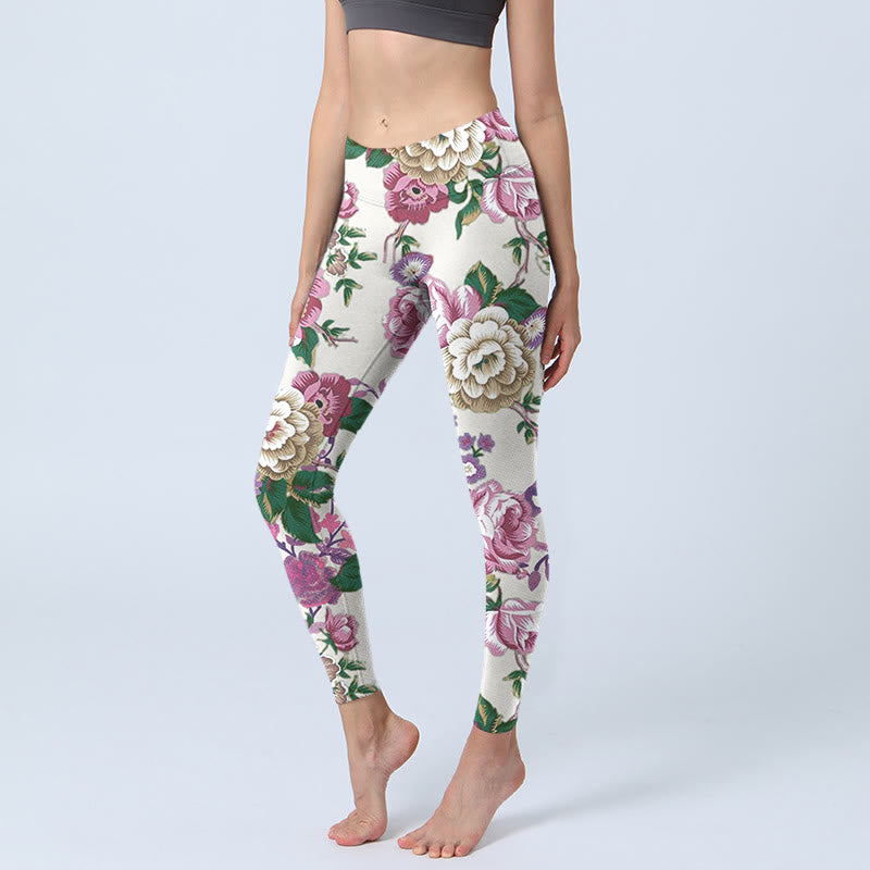 Buddha Stones Czerwone Białe Peonie Kwiatowe Nadruk Sportowe Legginsy Damskie Spodnie Do Jogi - Muszla - US18, UK/AU22, EU50 (4XL) - image 1