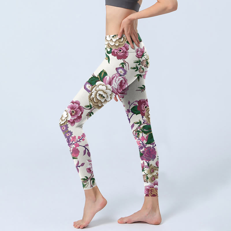 Buddha Stones Czerwone Białe Peonie Kwiatowe Nadruk Sportowe Legginsy Damskie Spodnie Do Jogi - image 3