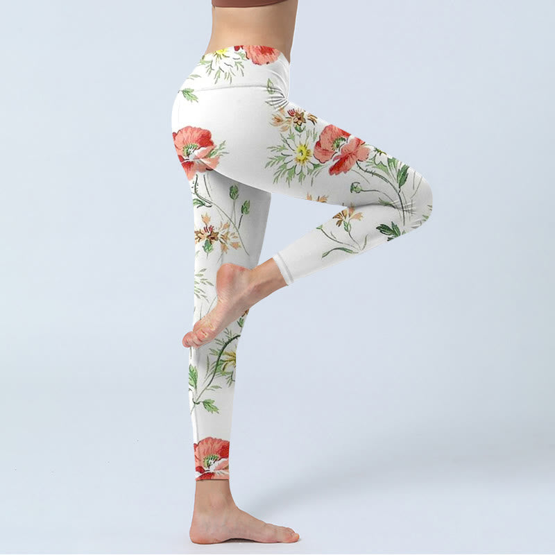 Buddha Stones Białe Stokrotki Czerwone Kwiaty Nadruk Sportowe Legginsy Damskie Spodnie Do Jogi - image 3