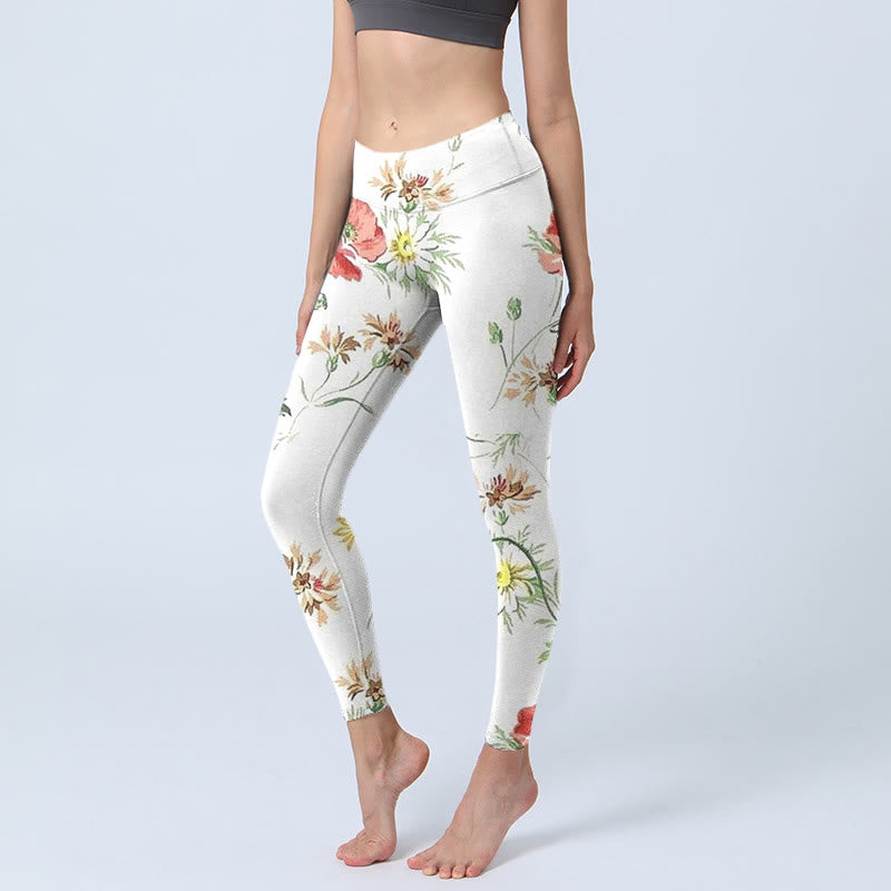 Buddha Stones Białe Stokrotki Czerwone Kwiaty Nadruk Sportowe Legginsy Damskie Spodnie Do Jogi - Kość słoniowa - US18, UK/AU22, EU50 (4XL) - image 0