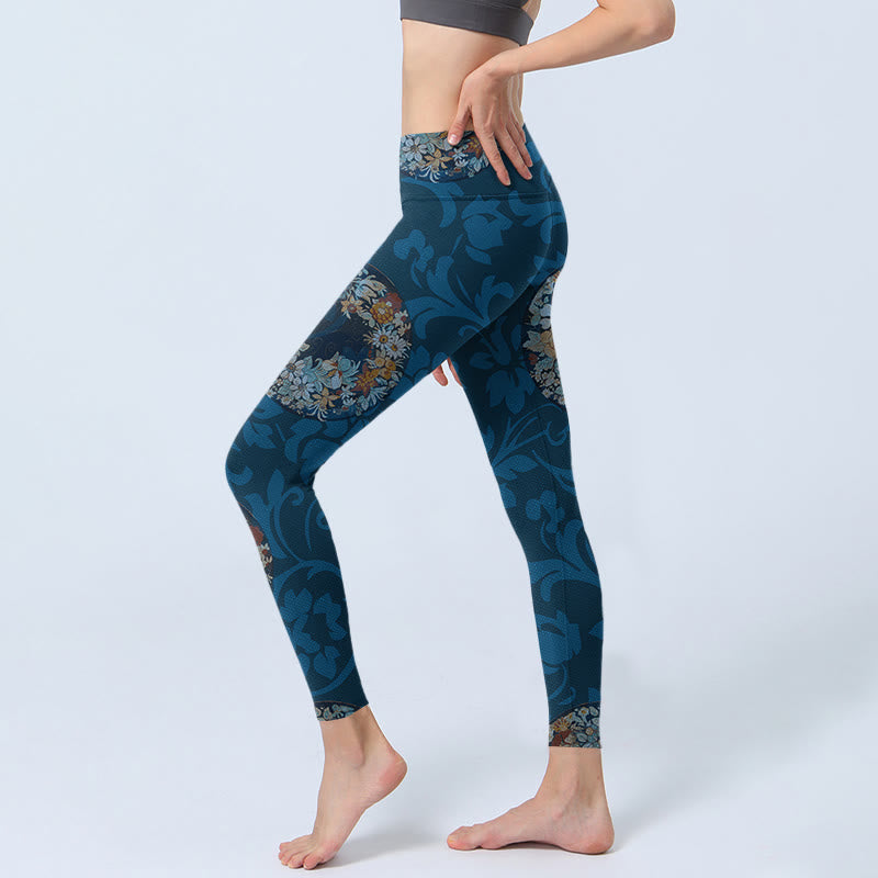 Buddha Stones Ciemnoniebieskie Kwiaty W Rozkwicie Nadruk Sportowe Legginsy Damskie Spodnie Do Jogi - image 3