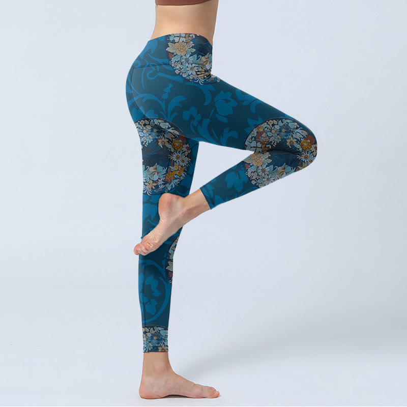 Buddha Stones Ciemnoniebieskie Kwiaty W Rozkwicie Nadruk Sportowe Legginsy Damskie Spodnie Do Jogi - image 3