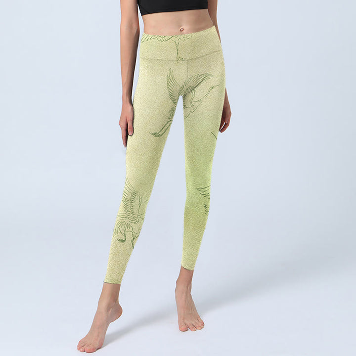 Buddha Stones Jasnożółte Żurawie Nadruk Sportowe Legginsy Damskie Spodnie Do Jogi - image 6