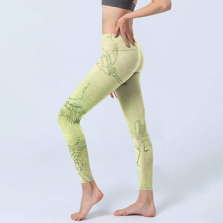 Buddha Stones Jasnożółte Żurawie Nadruk Sportowe Legginsy Damskie Spodnie Do Jogi - image 3
