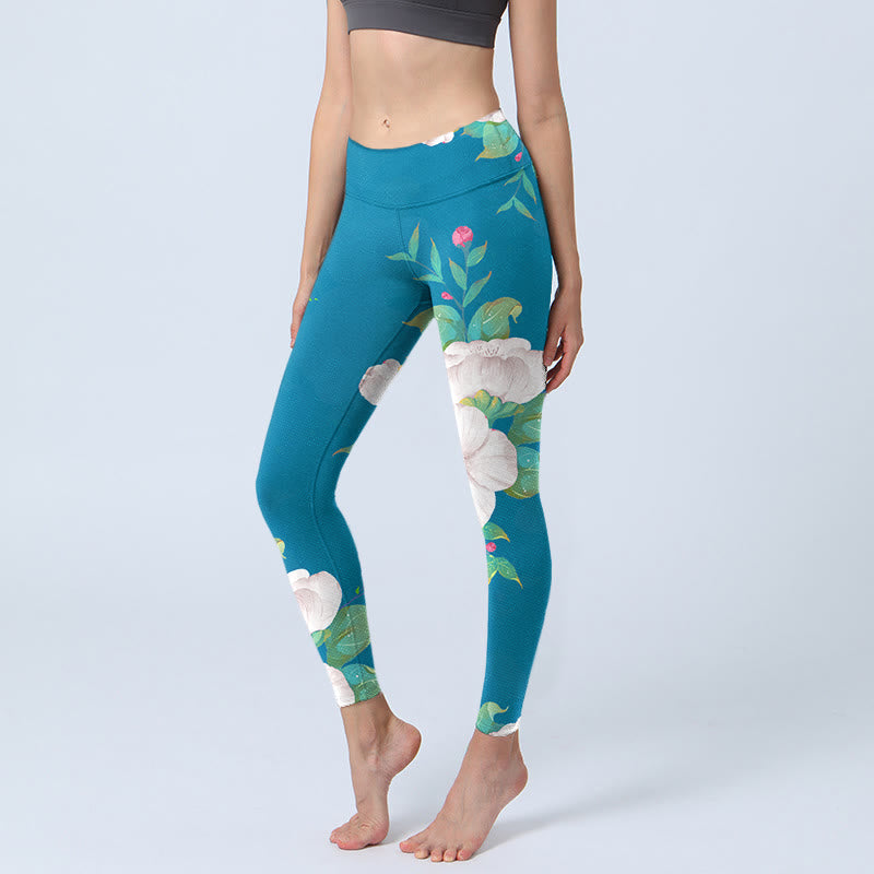 Buddha Stones Niebieskie Białe Kwiaty Liście Nadruk Sportowe Legginsy Damskie Spodnie Do Jogi - DeepSkyBlue - US18, UK/AU22, EU50 (4XL) - image 1