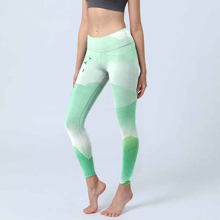 Buddha Stones Miętowe Kremowe Góry Dzikie Gęsi Nadruk Sportowe Legginsy Damskie Spodnie Do Jogi - MintCream - US18, UK/AU22, EU50 (4XL) - image 1