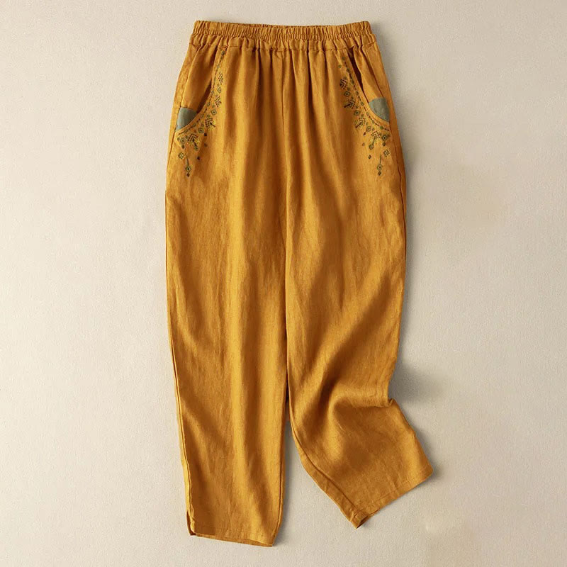 Buddha Stones Vintage Haft Elastyczny Pas Capri Harem Spodnie Z Kieszeniami - Żółty - US14, UK/AU18, EU46 (4XL) - image 1