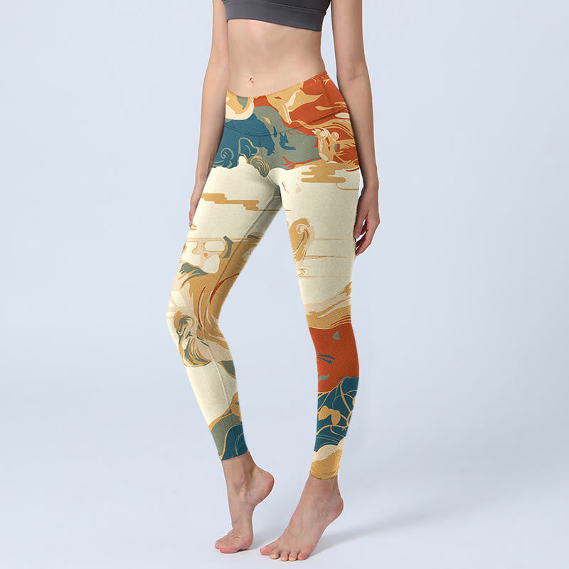 Buddha Stones Kolorowe Chmury Nadruk Fitness Legginsy Damskie Spodnie Do Jogi - Mokasyn - US18, UK/AU22, EU50 (4XL) - image 0