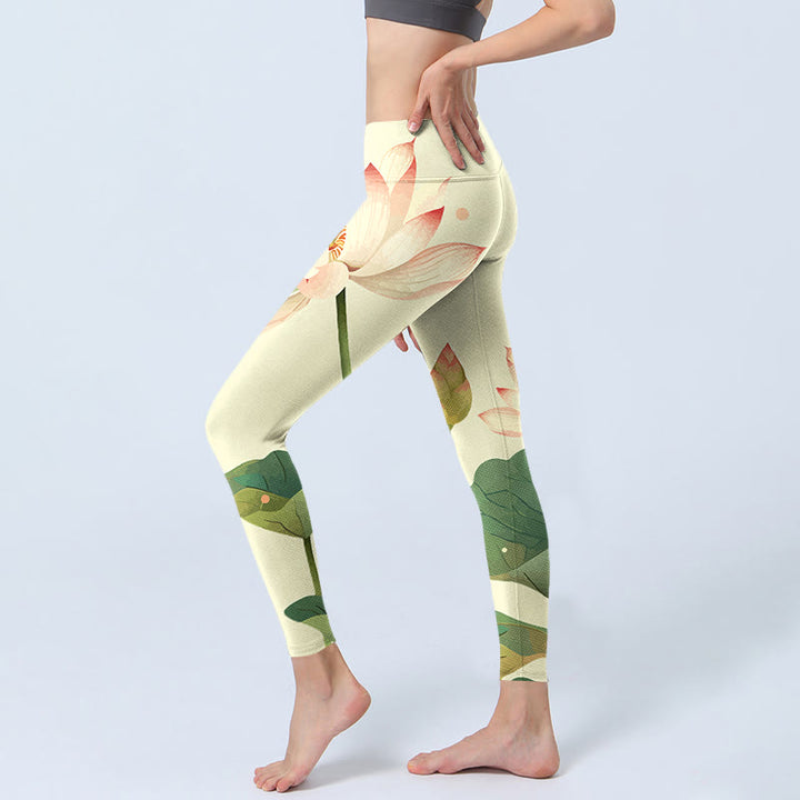Buddha Stones Kwiat Lotosu Liść Ważka Nadruk Legginsy Fitness Damskie Spodnie Do Jogi - image 4