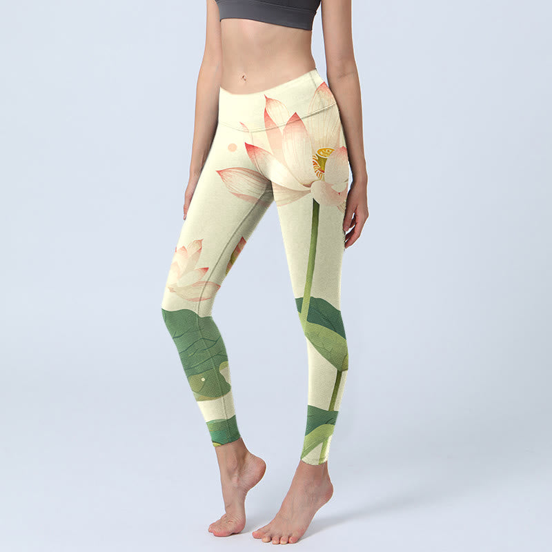 Buddha Stones Kwiat Lotosu Liść Ważka Nadruk Legginsy Fitness Damskie Spodnie Do Jogi - AntiqueWhite - US18, UK/AU22, EU50 (4XL) - image 0
