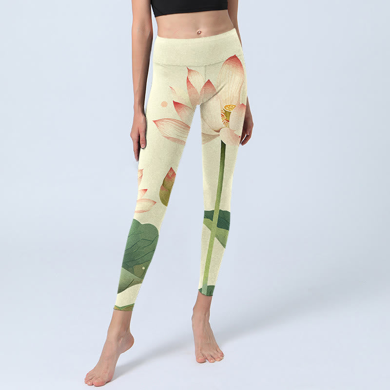 Buddha Stones Kwiat Lotosu Liść Ważka Nadruk Legginsy Fitness Damskie Spodnie Do Jogi - image 6