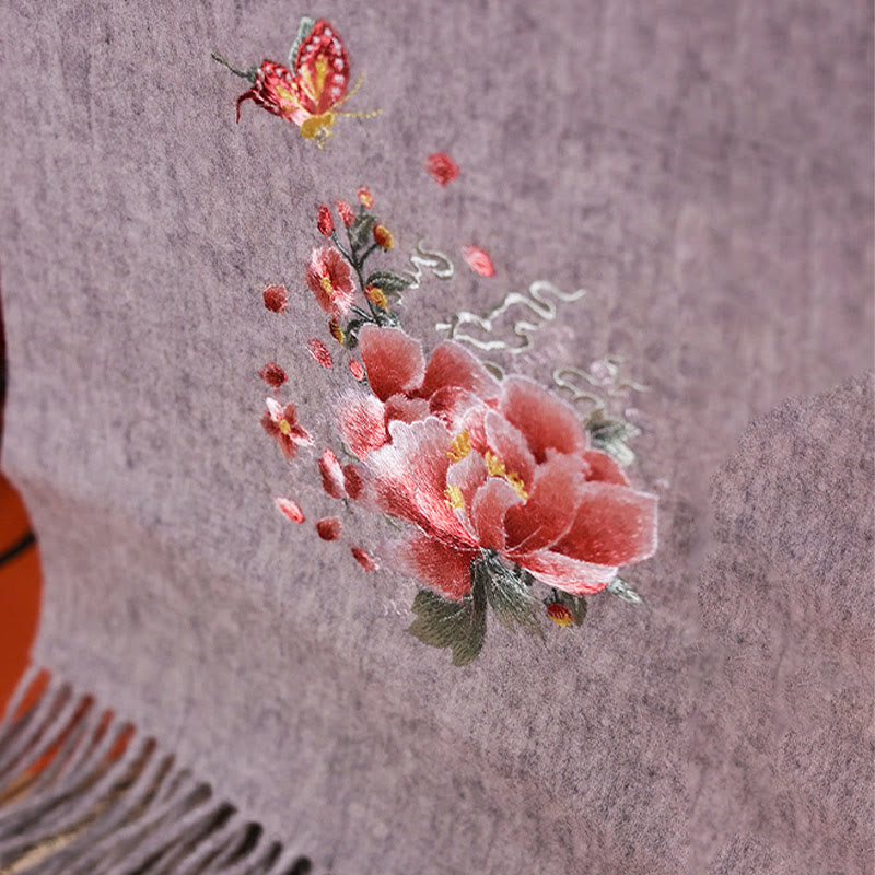 Szal z wełny Buddha Stones Kamienie Różowa piwonia Motyl Haft Chwost Zimowy Przytulny Szal Podróżny Otulacz - image 1