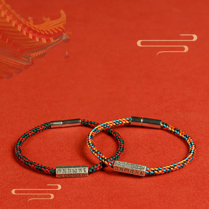 Buddha Stones Czerwony Sznur Czarny Sznur Sześć Prawdziwych Słów Bransoletka Szczęścia 925 Srebro Sterling