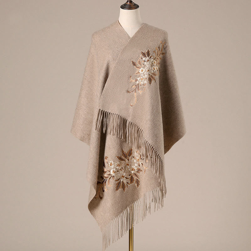 Szal z wełny z Buddha Stones , haftowany frędzel z begonią, zimowy, przytulny szalik podróżny - Dębnik - 200*60 cm - image 0