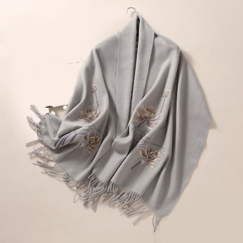 Buddha Stones Wełniany Szal Lotos Haftowany Chwost Zimowy Przytulny Szalik Podróżny Otulacz - image 2