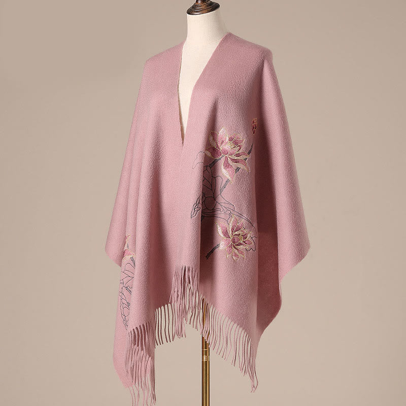 Buddha Stones Wełniany Szal Lotos Haftowany Chwost Zimowy Przytulny Szalik Podróżny Otulacz - image 4