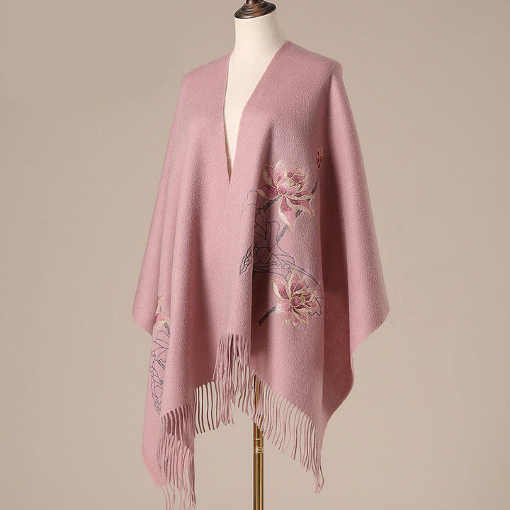 Buddha Stones Wełniany Szal Lotos Haftowany Chwost Zimowy Przytulny Szalik Podróżny Otulacz - image 4