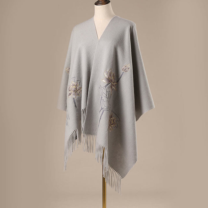 Buddha Stones Wełniany Szal Lotos Haftowany Chwost Zimowy Przytulny Szalik Podróżny Otulacz - image 1