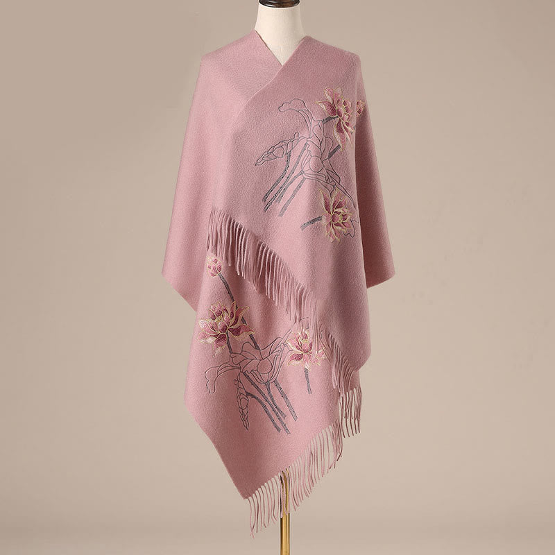 Buddha Stones Wełniany Szal Lotos Haftowany Chwost Zimowy Przytulny Szalik Podróżny Otulacz - LightCoral - 200*60 cm - image 3