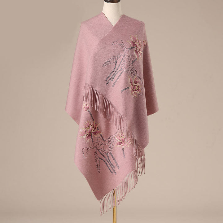 Buddha Stones Wełniany Szal Lotos Haftowany Chwost Zimowy Przytulny Szalik Podróżny Otulacz - LightCoral - 200*60 cm - image 3