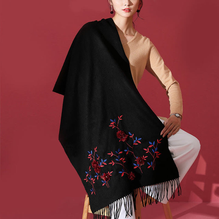 Szal z wełny Buddha Stones Kamienie 3D Kwiatowy haft Chwost Zimowy przytulny szalik podróżny - image 3