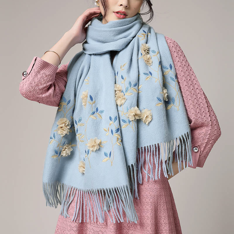 Szal z wełny Buddha Stones Kamienie 3D Kwiatowy haft Chwost Zimowy przytulny szalik podróżny - image 12