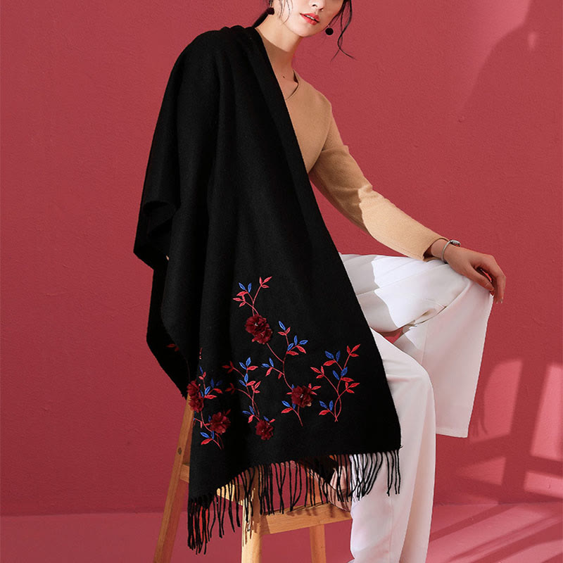 Szal z wełny Buddha Stones Kamienie 3D Kwiatowy haft Chwost Zimowy przytulny szalik podróżny - image 2