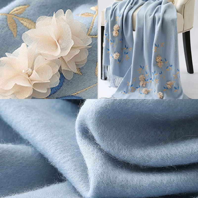 Szal z wełny Buddha Stones Kamienie 3D Kwiatowy haft Chwost Zimowy przytulny szalik podróżny - image 15