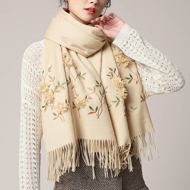 Szal z wełny Buddha Stones Kamienie 3D Kwiatowy haft Chwost Zimowy przytulny szalik podróżny - For - 200*60 cm - image 16