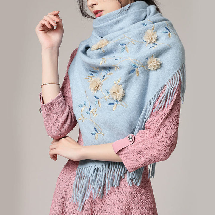 Szal z wełny Buddha Stones Kamienie 3D Kwiatowy haft Chwost Zimowy przytulny szalik podróżny - LightSteelBlue - 200*60 cm - image 11