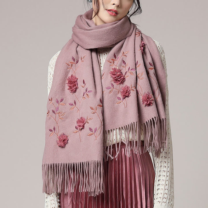 Szal z wełny Buddha Stones Kamienie 3D Kwiatowy haft Chwost Zimowy przytulny szalik podróżny - image 7