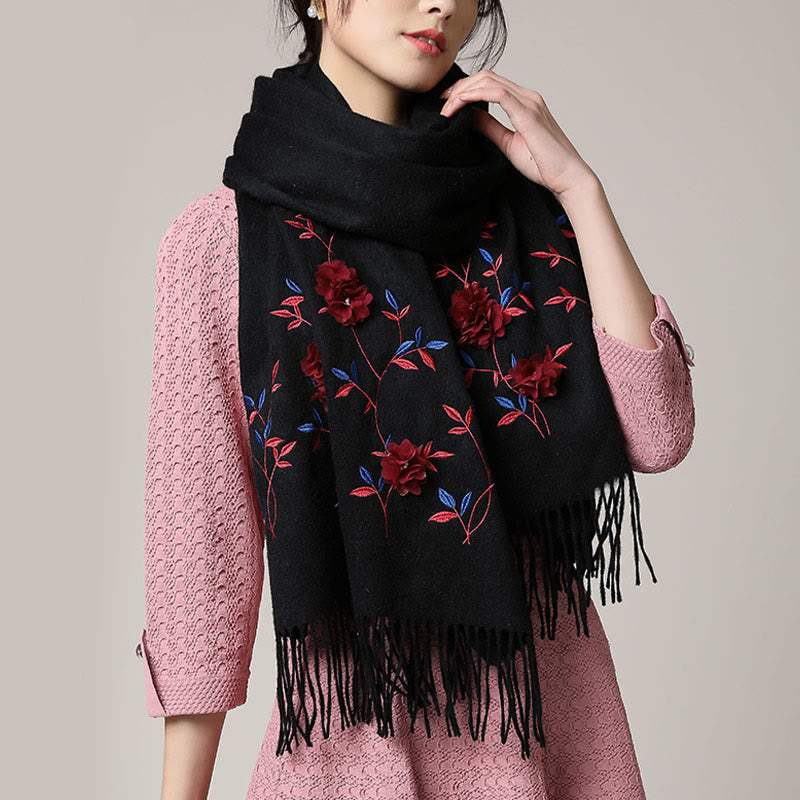 Szal z wełny Buddha Stones Kamienie 3D Kwiatowy haft Chwost Zimowy przytulny szalik podróżny - image 1