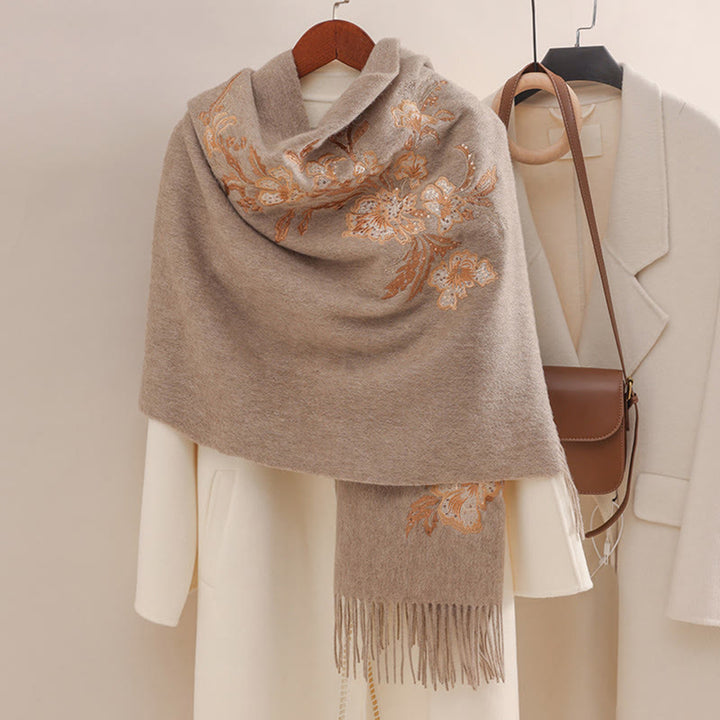 Szal z wełny z Buddha Stones , czerwony kwiat, złote cekiny, haft, frędzle, zimowy, przytulny szalik podróżny - Dębnik - 200*60 cm - image 5