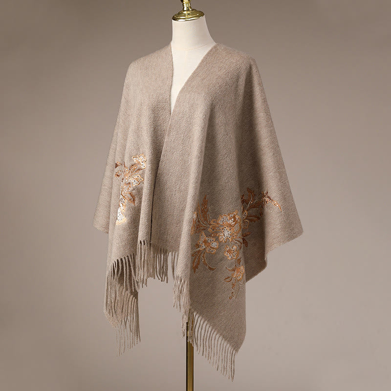 Szal z wełny z Buddha Stones , czerwony kwiat, złote cekiny, haft, frędzle, zimowy, przytulny szalik podróżny - image 6