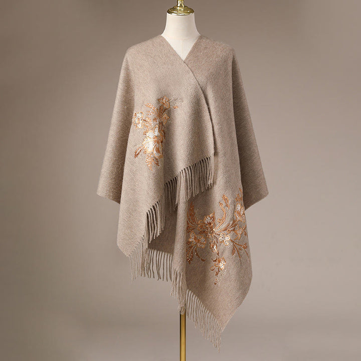 Szal z wełny z Buddha Stones , czerwony kwiat, złote cekiny, haft, frędzle, zimowy, przytulny szalik podróżny - image 7