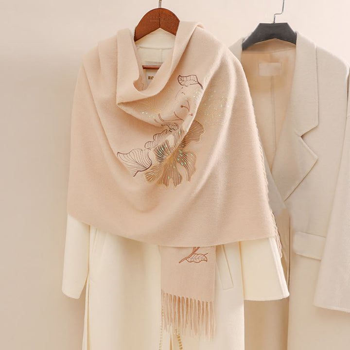 Szal z wełny z Buddha Stones, duży kwiat, cekiny, haft, frędzle, zimowy, przytulny szalik podróżny - PeachPuff - 200*60 cm - image 0