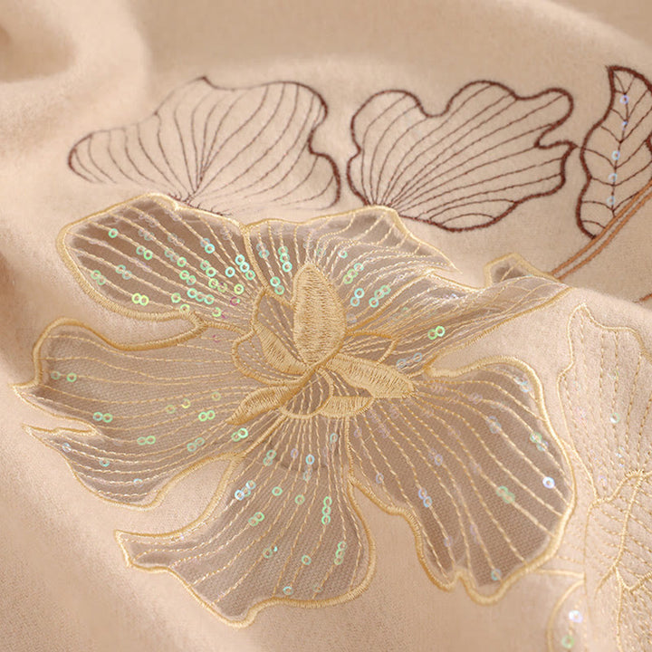 Szal z wełny z Buddha Stones, duży kwiat, cekiny, haft, frędzle, zimowy, przytulny szalik podróżny - image 3