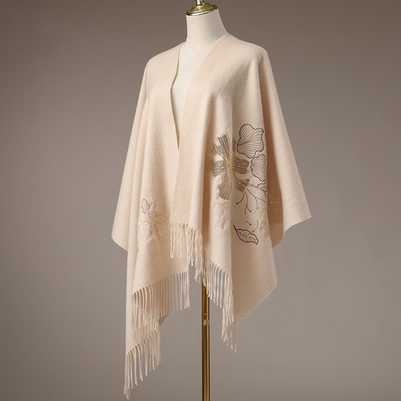 Szal z wełny z Buddha Stones, duży kwiat, cekiny, haft, frędzle, zimowy, przytulny szalik podróżny - image 2