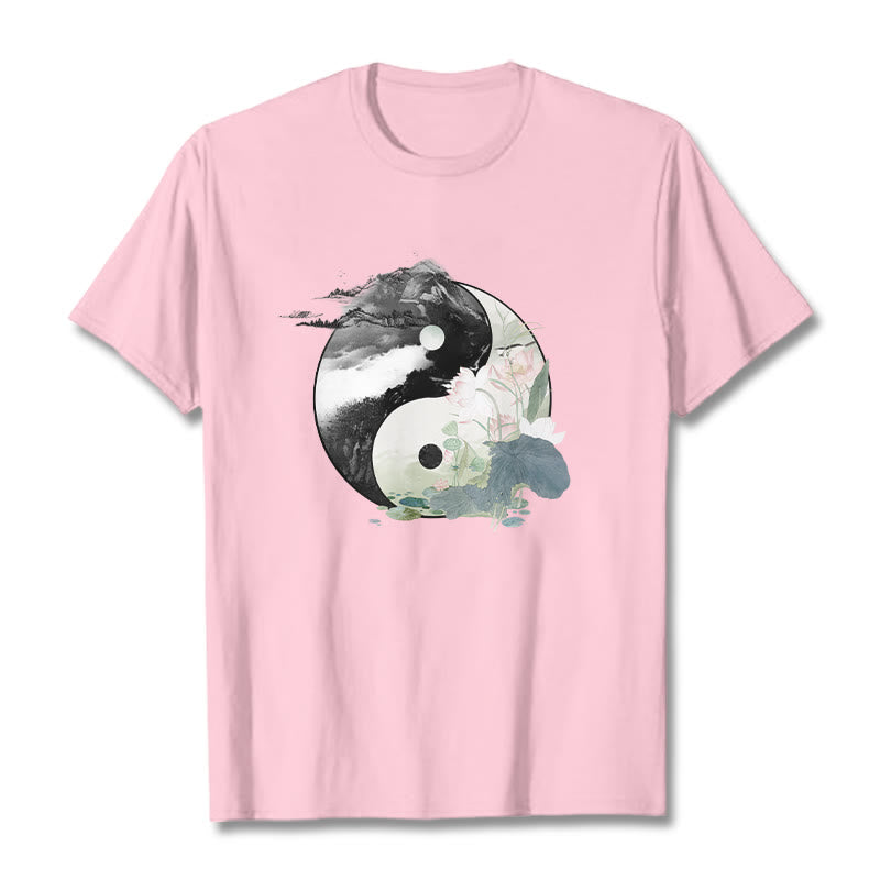 Buddha Stones Yin Yang Liść Lotosu Malowanie Tuszem Bawełniana Koszulka T-shirt - Jasnoróżowy - 2XL - image 17