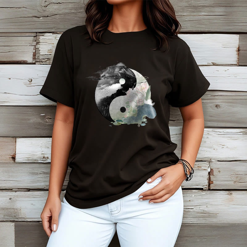Buddha Stones Yin Yang Liść Lotosu Malowanie Tuszem Bawełniana Koszulka T-shirt - image 2