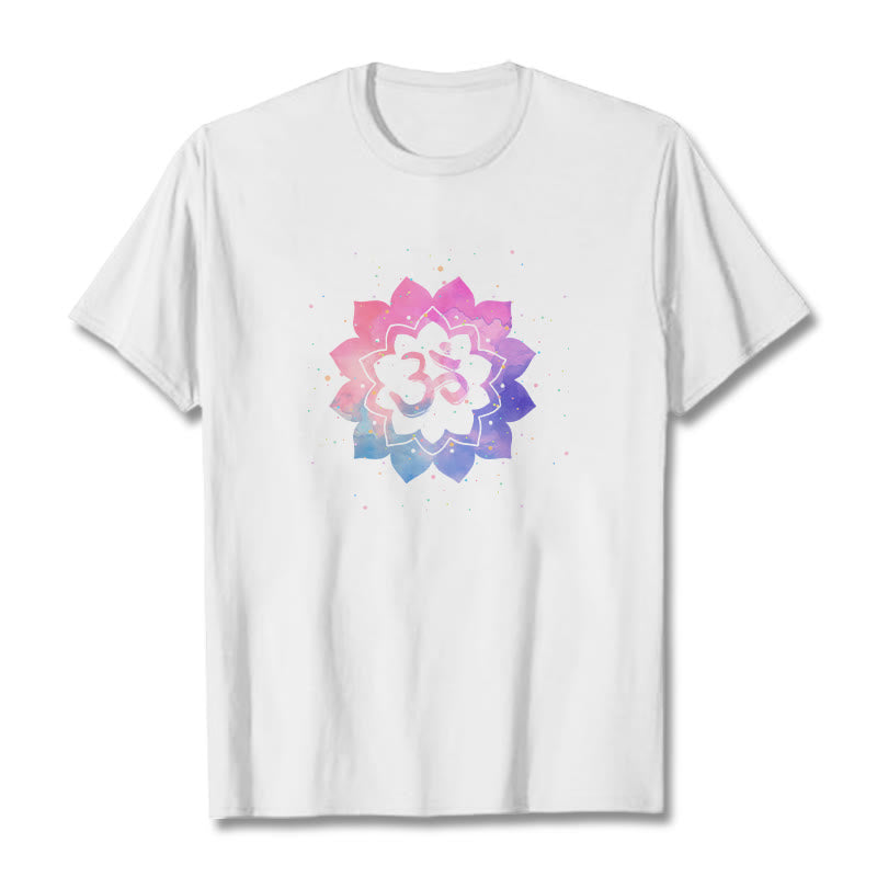 Buddha Stones Om Kolorowy Lotos Bawełniana Koszulka T-shirt - Biały - 2XL - image 1